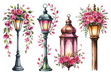 Fototapeta premium set of watercolor Fuchsia Floral Lamp Post vector illustration isolated on white background