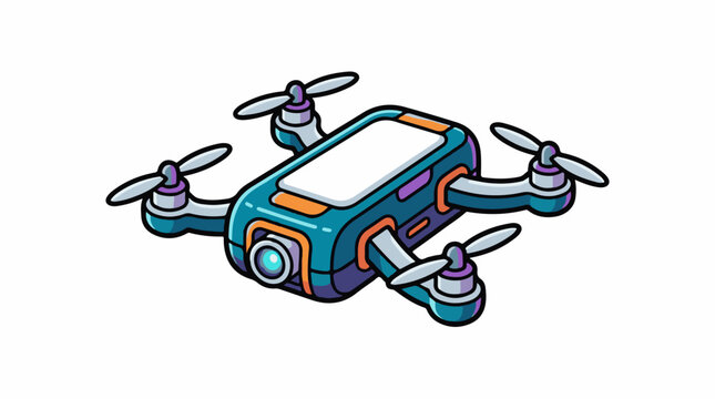 A colorful drone with four propellers and a camera on the front