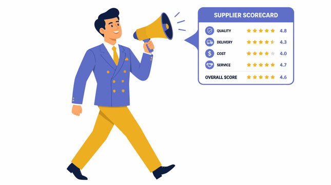 Businessman holding megaphone with app store ratings.