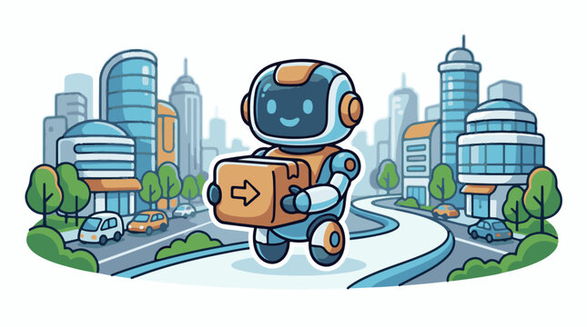 A futuristic robot delivers a package in a city