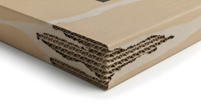Damaged cardboard box corner detail showing corrugated structure and tear