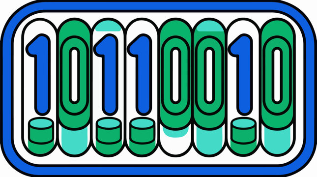 A colorful digital illustration of binary code in blue and green on a white background