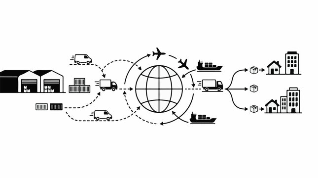 A flowchart illustrating global shipping and delivery process with various vehicles