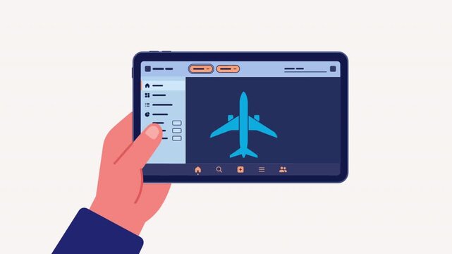 Flight ticket booking application animation on tablet screen template, Animated airplane booking user interface with click button and confirmation checkmark. 2D vector flat animation of online flight 