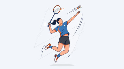 Fototapeta premium badminton player in a blue and orange uniform jumps to hit a shuttlecock with her racket, captured in a dynamic motion on a plain white background.