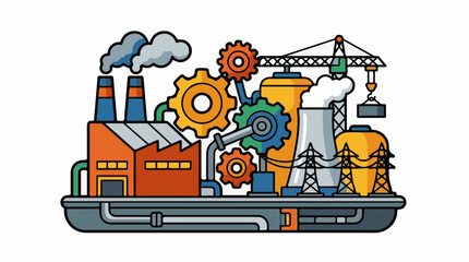 Naklejka premium A colorful industrial scene with a factory, smokestacks, gears, crane, and power lines