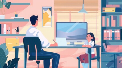 Fototapeta premium Father helps his young daughter with her homework while sitting at a wooden desk in a home office.