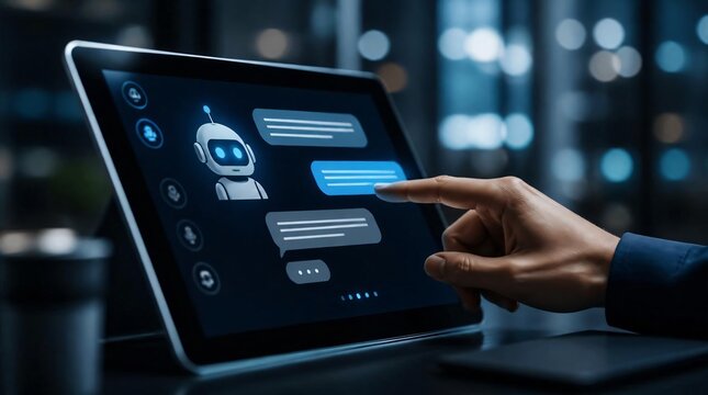 Close up of person hand touching virtual screen chat bot with dialogue and chat bubbles