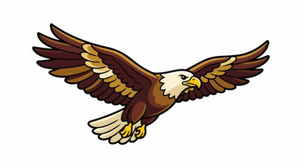 Fototapeta premium A cartoon eagle with brown and white feathers flies right with wings spread