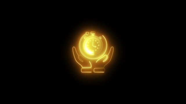 Glowing neon hands holding clock animation for time management concepts