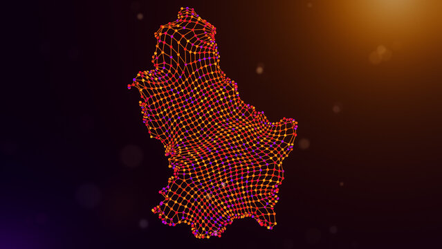 Abstract Luxembourg map visualized with interconnected nodes and wave mesh lines, illuminated by purple orange bokeh lights, symbolizing digital infrastructure and intelligent connectivity.