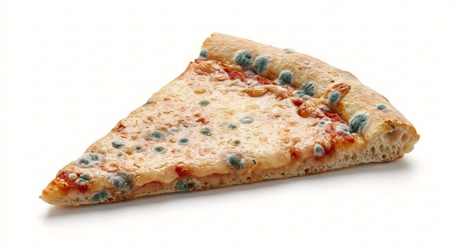 triangular slice of pizza that has severely spoiled and is covered in various types of mold