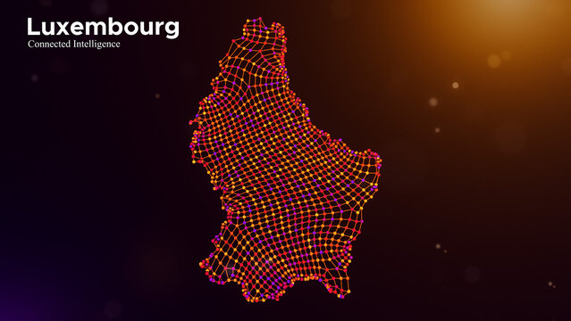 Luxembourg connected intelligence concept featuring a digital node network map, integrated data structures, and modern typography on a glowing purple orange technology background.