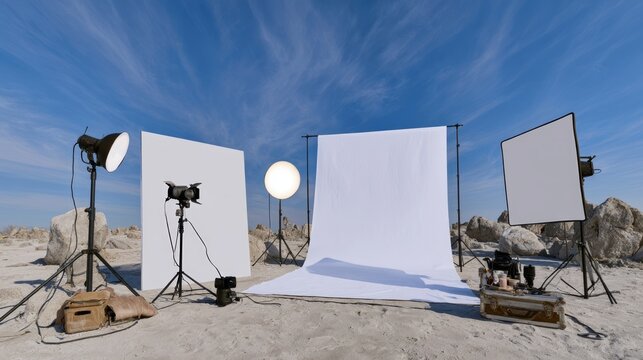 Outdoor Photography Set with Softbox and Backdrop Under Blue Sky and Wispy Clouds