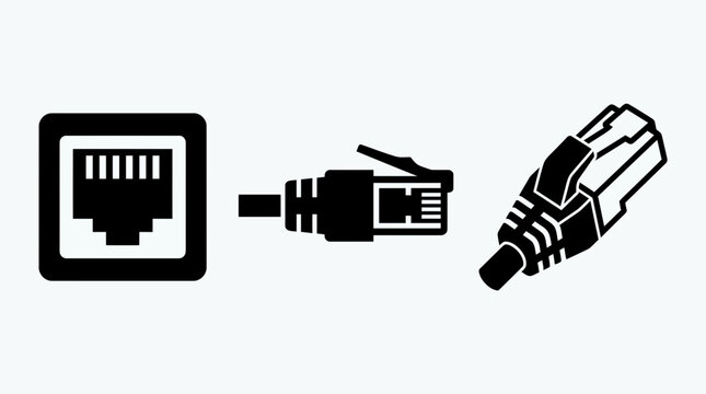 Ethernet cable RJ45 connector and port icons.
