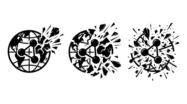 Exploding earth globes with central network connection nodes.