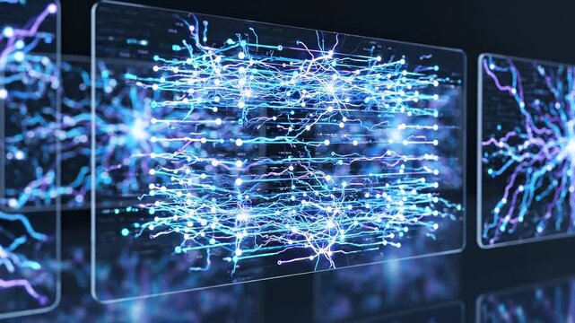 Neural network spreading close-up across holographic panels for AI research, data processing, machine learning visualization, neuroscience modeling, cybersecurity analysis, high-tech interface media