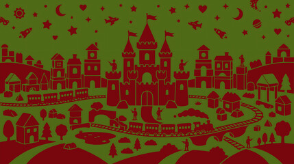 Naklejka premium Fantasy red castle silhouettes on dark green winter vector background