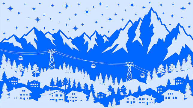 Blue winter mountain landscape with ski lift and falling snow
