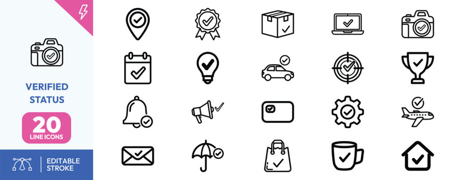 Authentication Verification icon set. Containing location pin, certificate, parcel box, , camera, calendar, lightbulb, car, trophy, bell, megaphone, shopping. Editable stroke. Vector illustration.