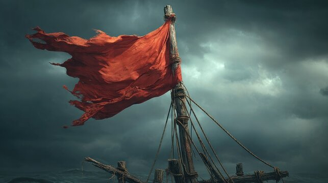 Worn red flag on ship mast