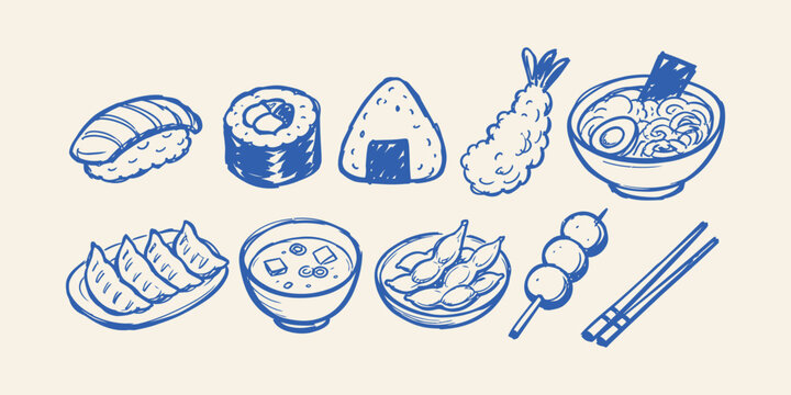 Japanese food and cuisine traditional asian doodle icon set with sushi nigiri maki onigiri ramen gyoza tempura miso soup and dango vector illustration