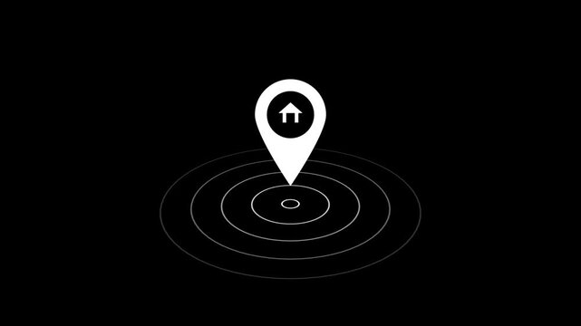 white location icon and black home icon animation in black background. glowing location icon and radio wave animation