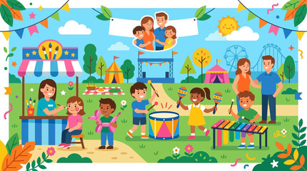 Naklejka premium A cheerful flat design illustration showcasing families and children enjoying the dedicated family zone at the Festival d'été de Québec, with playful activities and a happy atmosphere.