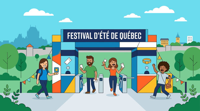 A clear flat design illustration of the welcoming entrance gate or ticketing area for the Festival d'&eacute;t&eacute; de Qu&eacute;bec, with happy attendees ready to enjoy the event. 