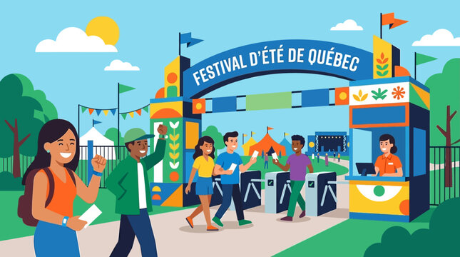 A clear flat design illustration of the welcoming entrance gate or ticketing area for the Festival d'&eacute;t&eacute; de Qu&eacute;bec, with happy attendees ready to enjoy the event. 