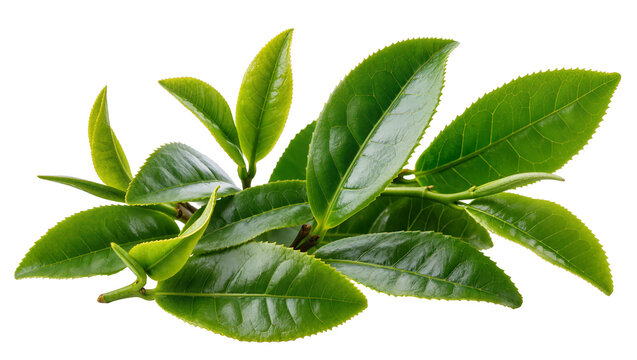 Isolated fresh green tea leaves branch on a clean plain background, natural healthy beverage ingredient