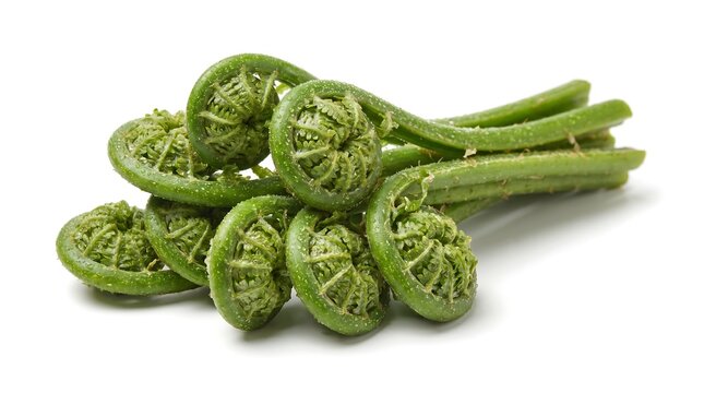 Fresh raw fiddlehead ferns isolated on white background.