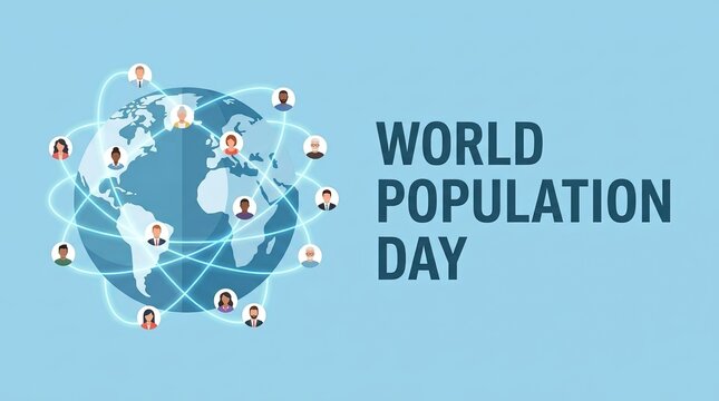 World Population Day Marketing Banner &ndash; Global Connection Network with Diverse User Avatars on Earth Vector