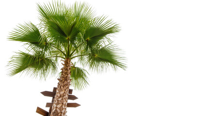 Isolated tropical palm tree with wooden direction signs indicating multiple choices © Oisin