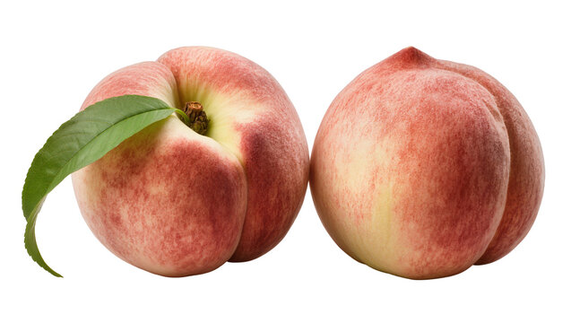 Isolated fresh flat peaches, one with green leaf and stem, healthy organic fruit dessert.
