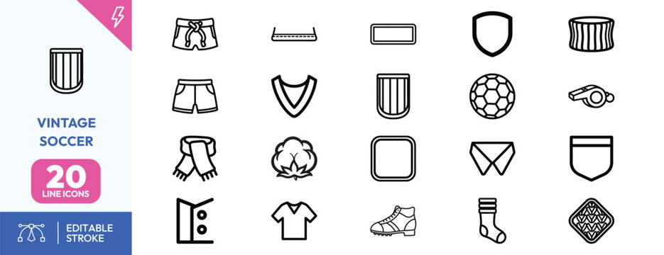 Antique Soccer Attire icon set. Containing shorts, jersey, soccer ball, shin guard, scarf, whistle, cleats, socks, goalpost, bench. Editable stroke. Vector illustration.