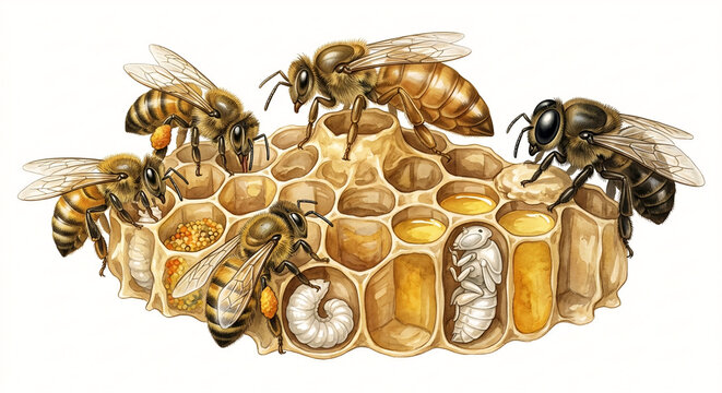 Colonies of bees and all type of its on white