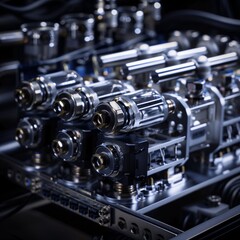 Naklejka premium High tech water cooling manifold connected to processor units, dark background.