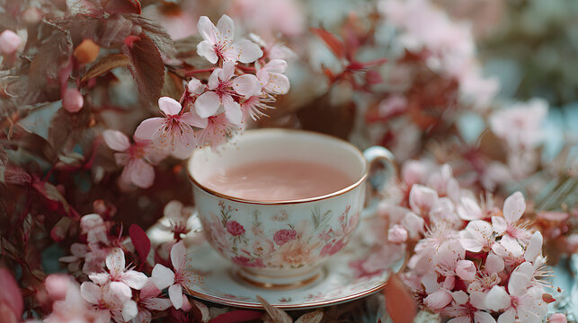 Delicate floral teacup with pink liquid surrounded by cherry blossoms in spring