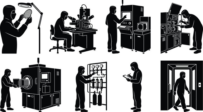 Semiconductor cleanroom technicians working with silicon wafers and manufacturing equipment silhouette vector set