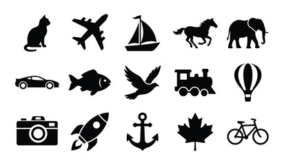 Obraz premium Set of black diverse silhouette icons on a white background, representing various objects