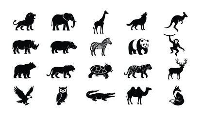 Obraz premium Set of black animal silhouette icons on a white background, wild and domestic creatures