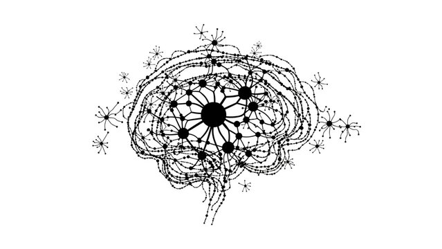 Abstract black silhouette of a neural network resembling a human brain, composed of interconnected nodes and lines, against a clean white background, symbolizing thought processes