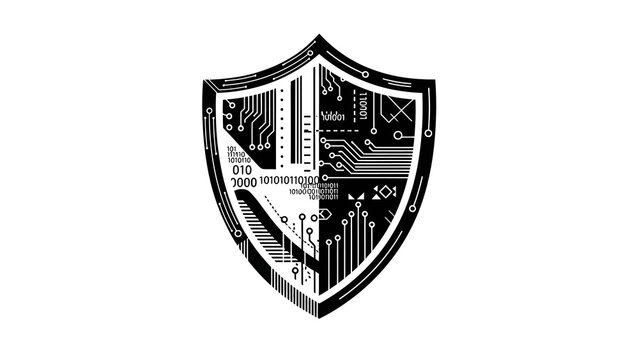 Stylized shield emblem combining circuit board patterns and binary code, symbolizing digital security and technological protection against threats on a white background