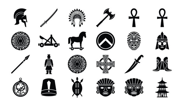 Historical and cultural artifact icon set featuring ancient weapons masks and relics black