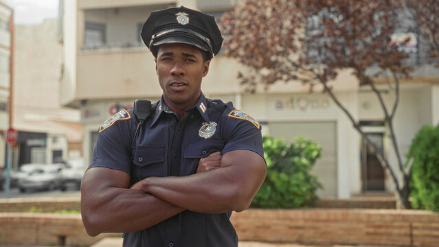 Man police officer with arms crossed and radio on shoulder standing on street in front of building; confidence duty vigilance.