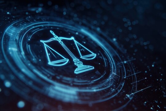 Digital scales of justice on a digital background with a circuit board and glowing lights, symbolizing the balance between ai technology and the law.
