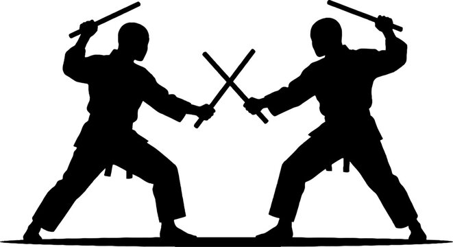 Silhouette of two martial artists crossing swords in combat stance.