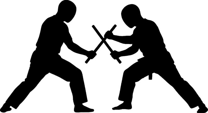 Two martial artists crossing wooden staffs in combat stance.