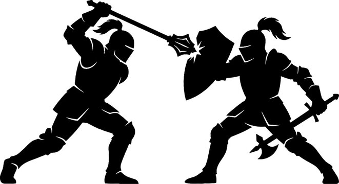 Silhouette of Two Medieval Warriors in Combat Pose.